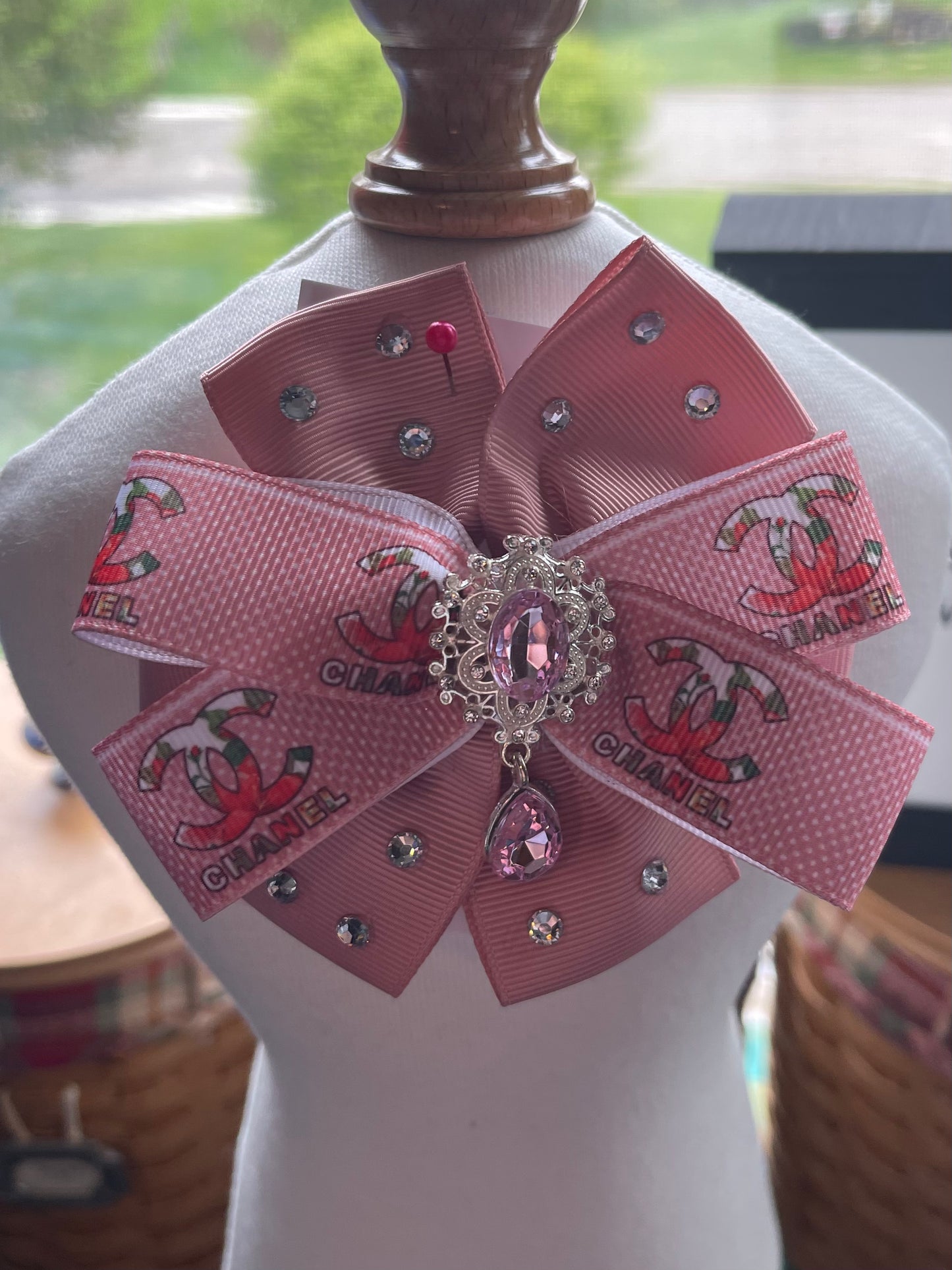 Handmade "Inspired" ribbon bow with bling (pin)