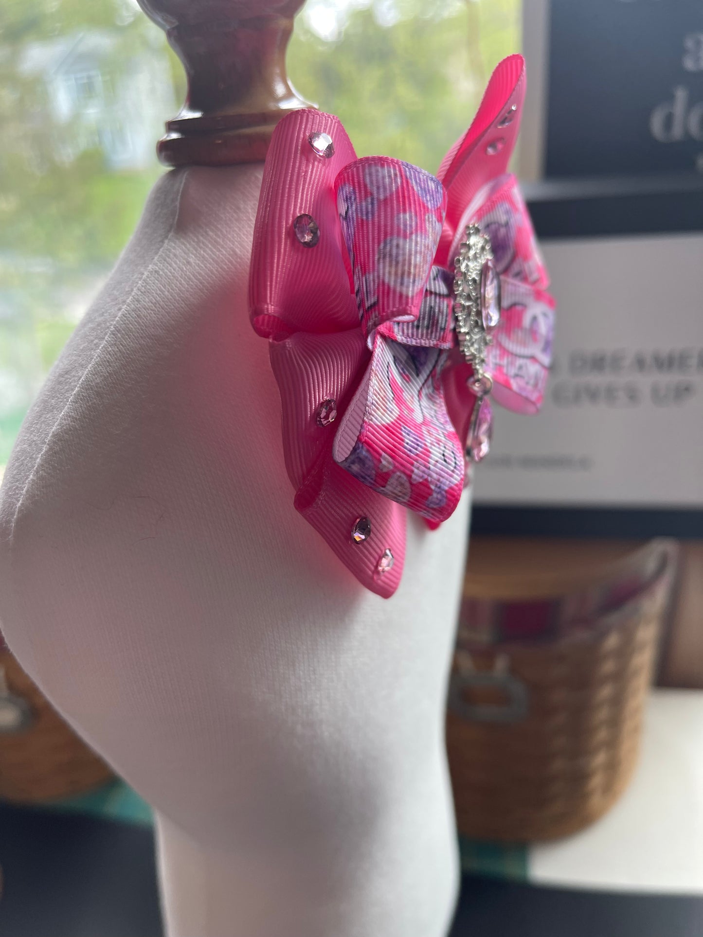 Handmade Inspired Ribbon Bow with rhinestone center (pin)