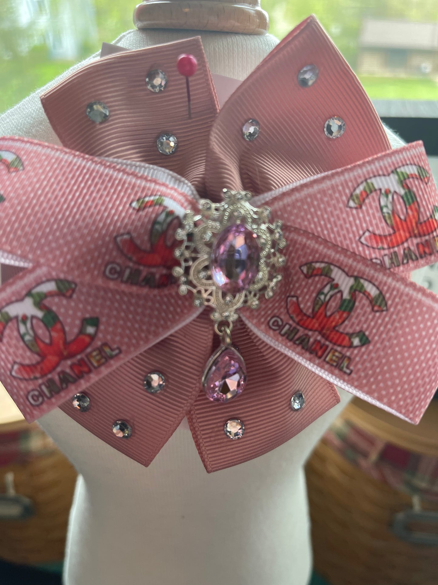 Handmade "Inspired" ribbon bow with bling (pin)